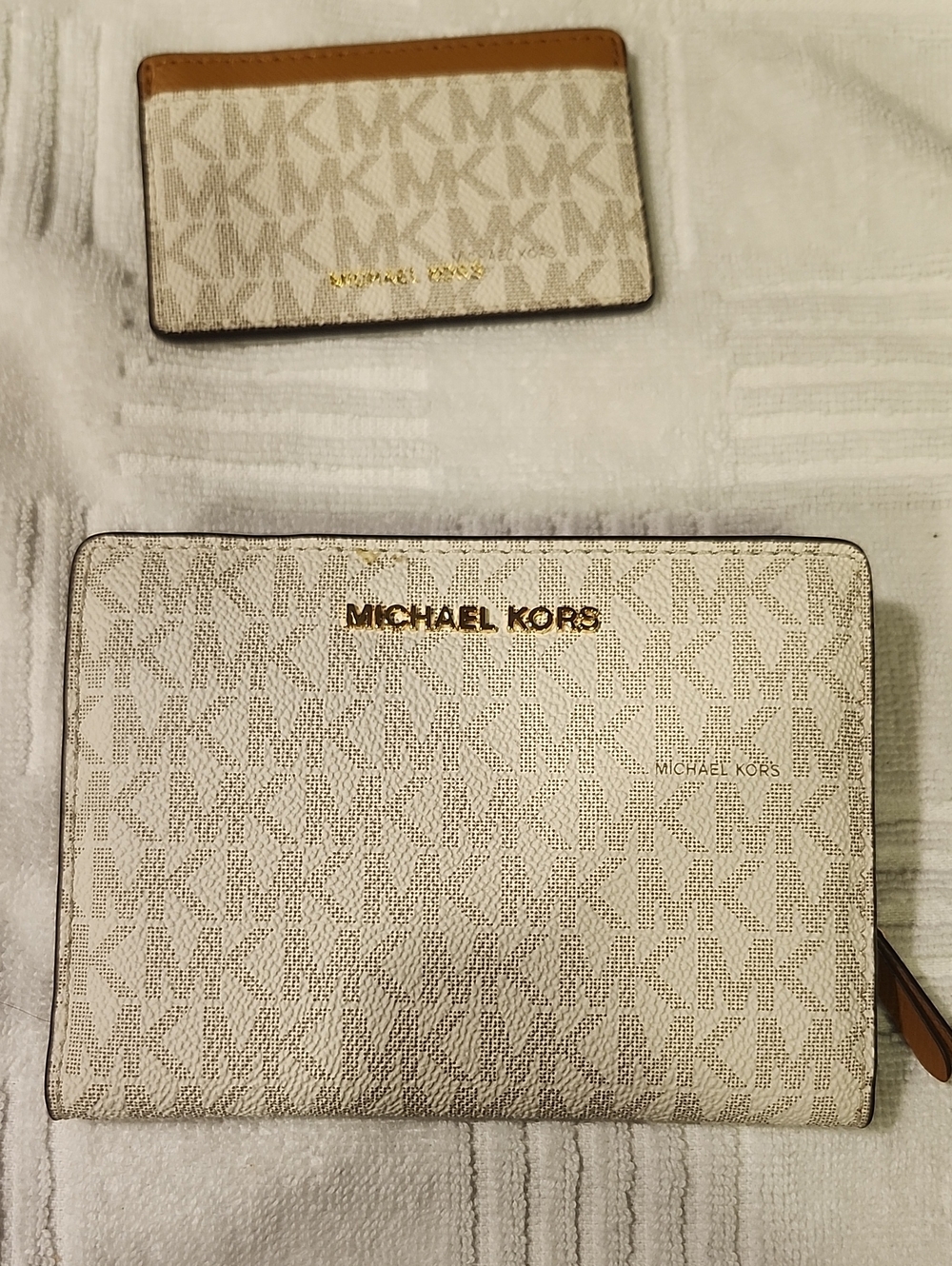 Michael Kors Cream MK Logo Zip Wallet with Tan Trim